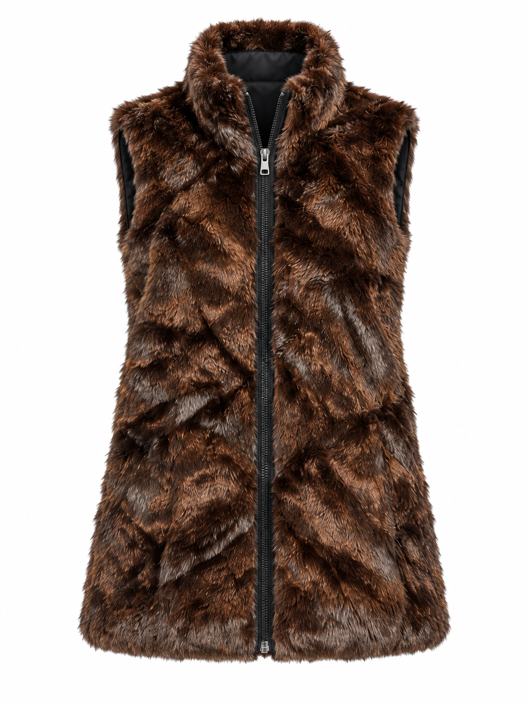 Reserved Label women’s brown faux fur gilet in UK M. A plush sleeveless layer with a stand collar and zip front for autumn and winter outfits.