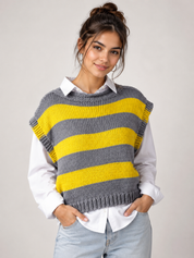  Reserved Label women’s grey and yellow striped knitted sweater vest in UK Size S. Stylish sleeveless design, textured knit and perfect for layering.