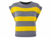  Reserved Label women’s grey and yellow striped knitted sweater vest in UK Size S. Stylish sleeveless design, textured knit and perfect for layering.