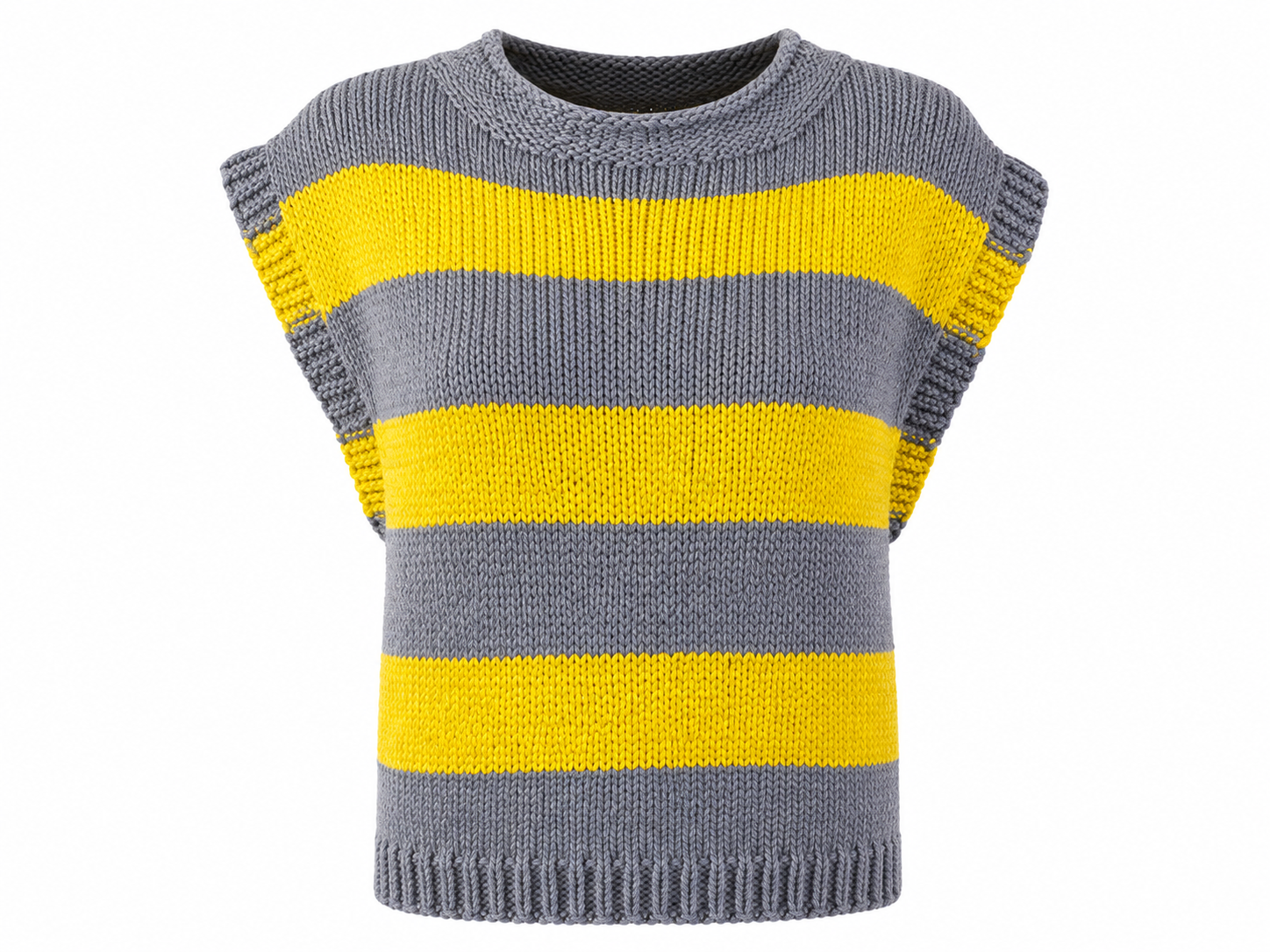  Reserved Label women’s grey and yellow striped knitted sweater vest in UK Size S. Stylish sleeveless design, textured knit and perfect for layering.