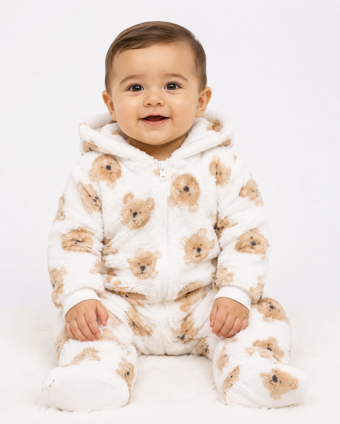  ReServed LABELS Baby Teddy Bear Fleece Hooded Romper in white and tan. Soft, cosy and adorable, UK size 9–12 months.