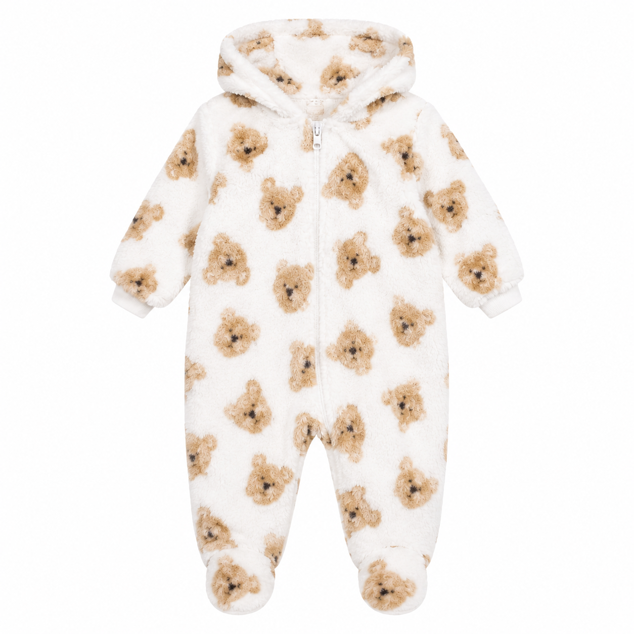  ReServed LABELS Baby Teddy Bear Fleece Hooded Romper in white and tan. Soft, cosy and adorable, UK size 9–12 months.