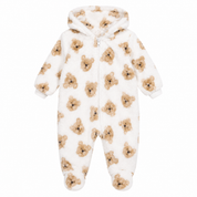  ReServed LABELS Baby Teddy Bear Fleece Hooded Romper in white and tan. Soft, cosy and adorable, UK size 9–12 months.