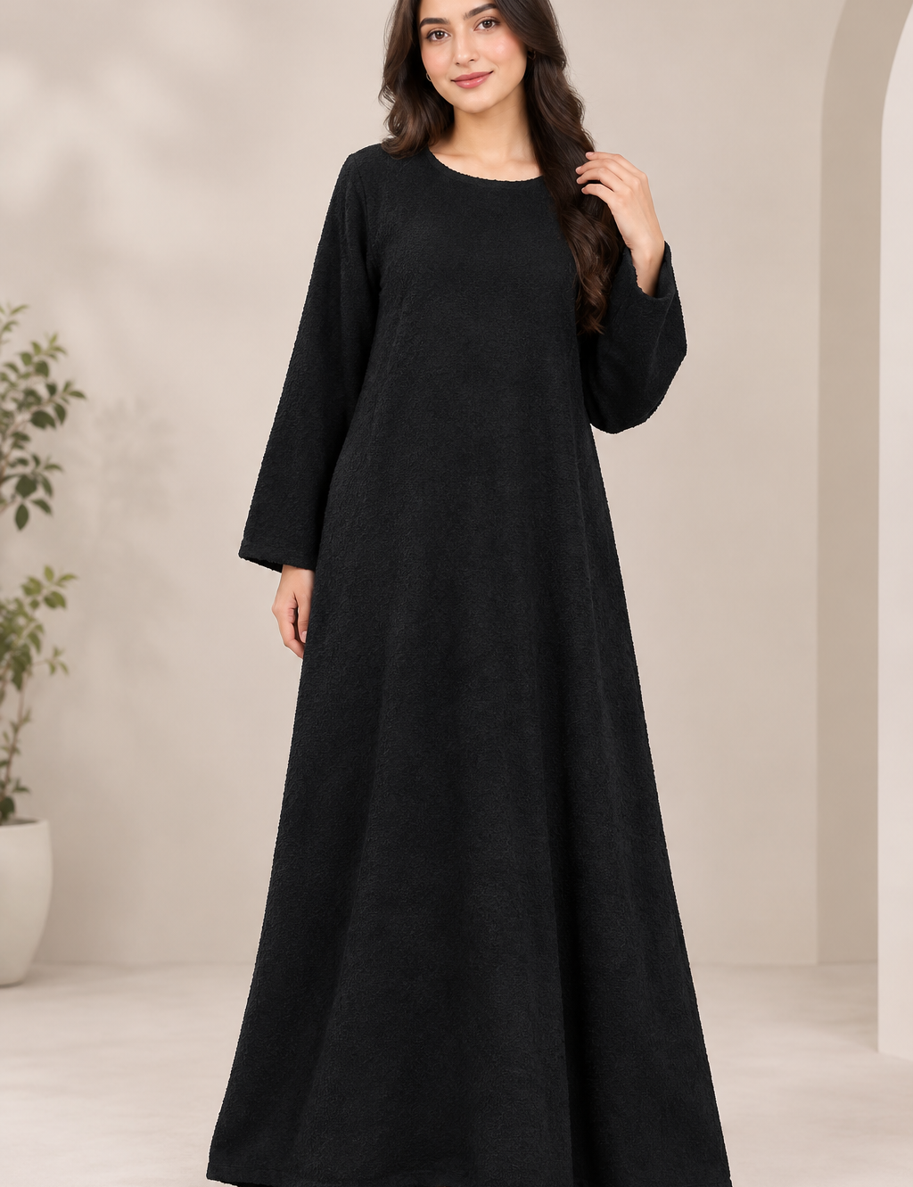 RESERVED LABELS black textured maxi dress in UK 4XL. Long sleeve, full-length flowing design with a classic round neckline. 4-star rated.