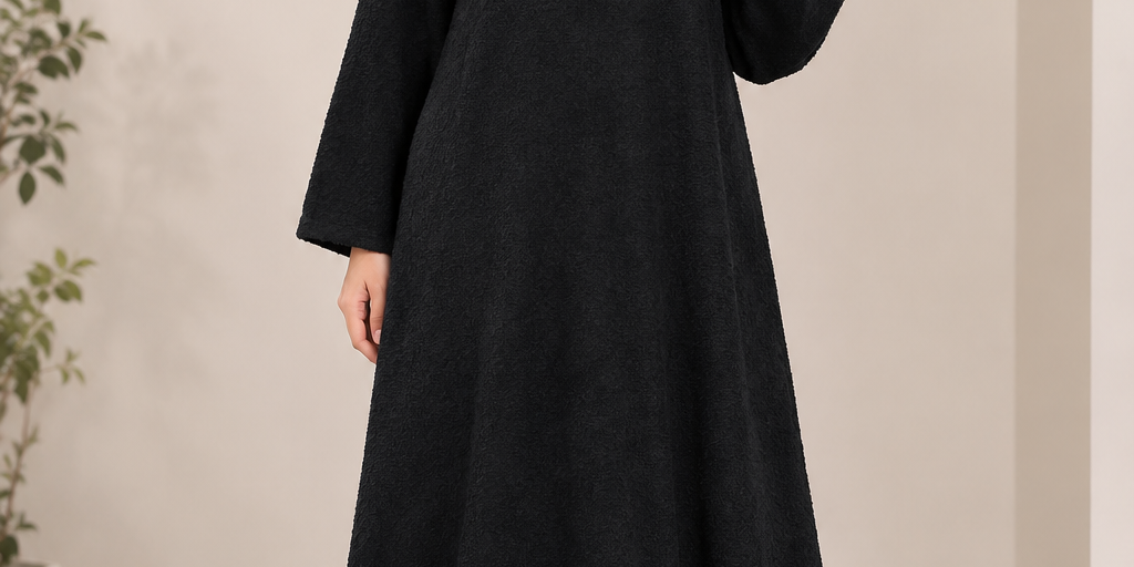 RESERVED LABELS black textured maxi dress in UK 4XL. Long sleeve, full-length flowing design with a classic round neckline. 4-star rated.