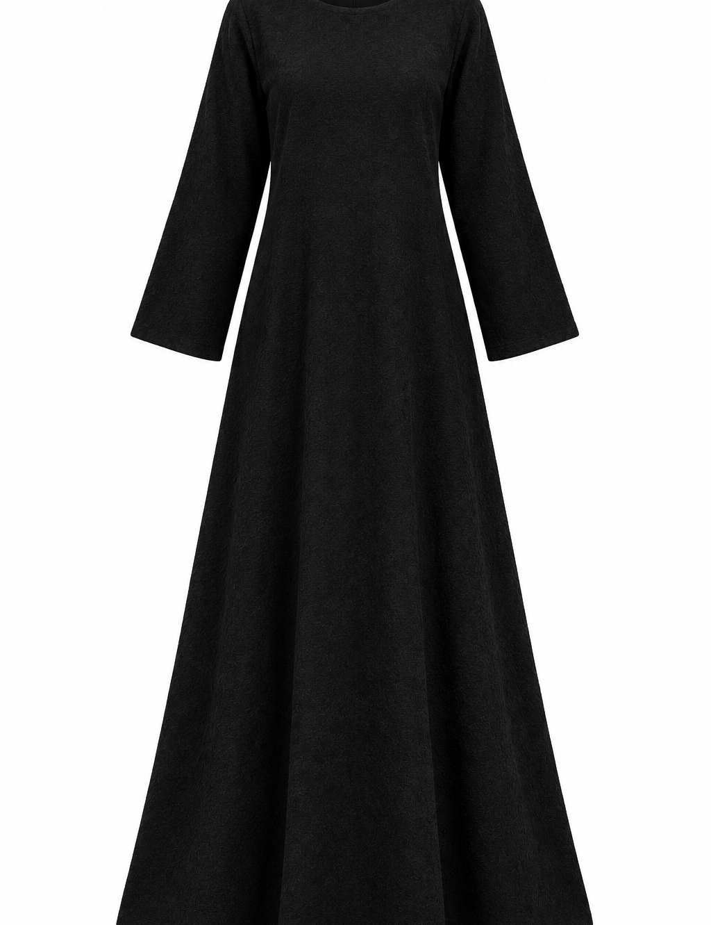 RESERVED LABELS black textured maxi dress in UK 4XL. Long sleeve, full-length flowing design with a classic round neckline. 4-star rated.