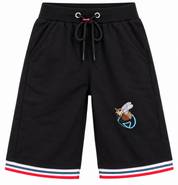  ReServed LABELS boys black drawstring shorts in UK size 5–6 years, featuring embroidered detail, side pockets and stylish striped hems.