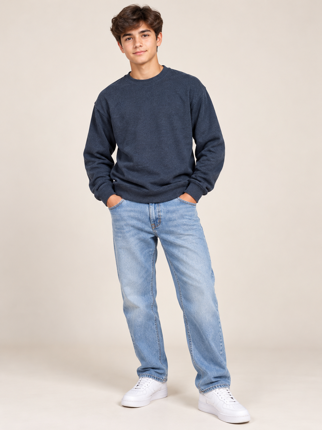  ReServed Labels boys' navy blue crew neck sweatshirt in UK Size M. Classic long sleeve casual pullover, perfect for everyday wear and layering.