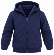 ReServed Labels boys navy blue zip-up hoodie in UK size 3–4 years. Comfortable hooded jacket with front pockets, ideal for everyday wear.