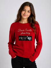 ReServed Labels ELF Approved red Christmas jumper in UK size 12, featuring festive sequin detailing, long sleeves and a cosy knitted design. Rated 4/5.