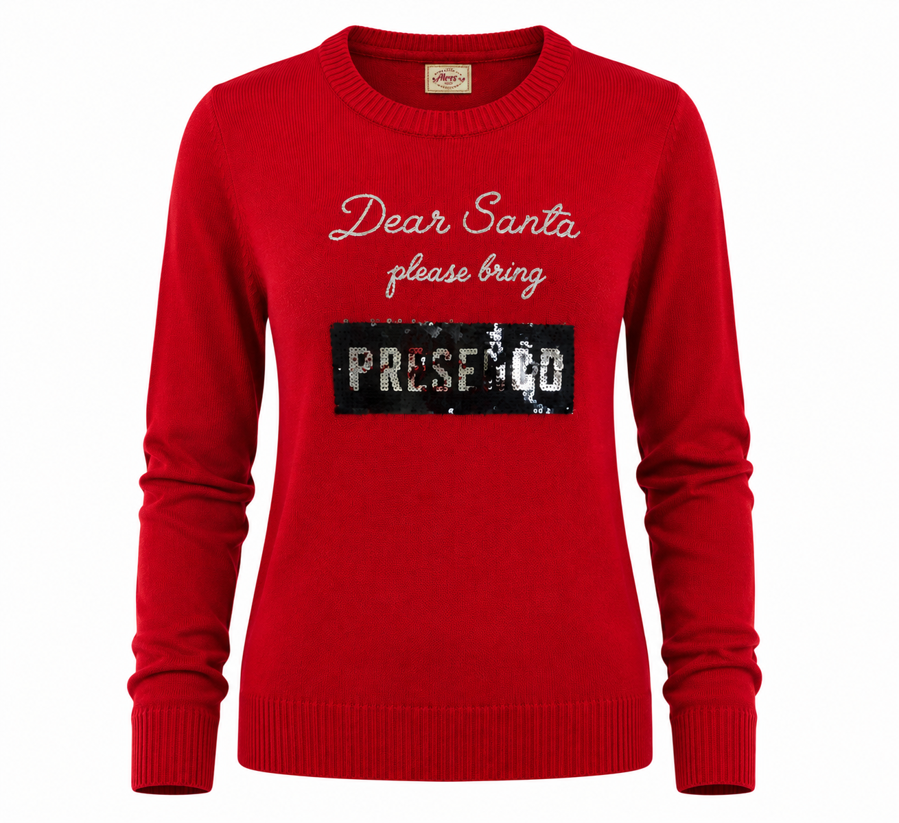  ReServed Labels ELF Approved red Christmas jumper in UK size 12, featuring festive sequin detailing, long sleeves and a cosy knitted design. Rated 4/5.