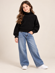 ReServed LABELS Girls Black Ribbed Knit Ruffle Neck Jumper in UK Size 9-10 Years. Stylish balloon sleeves and cosy knit design for everyday wear.