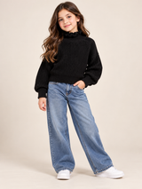 ReServed LABELS Girl Black Ribbed Knit Ruffle Neck Jumper