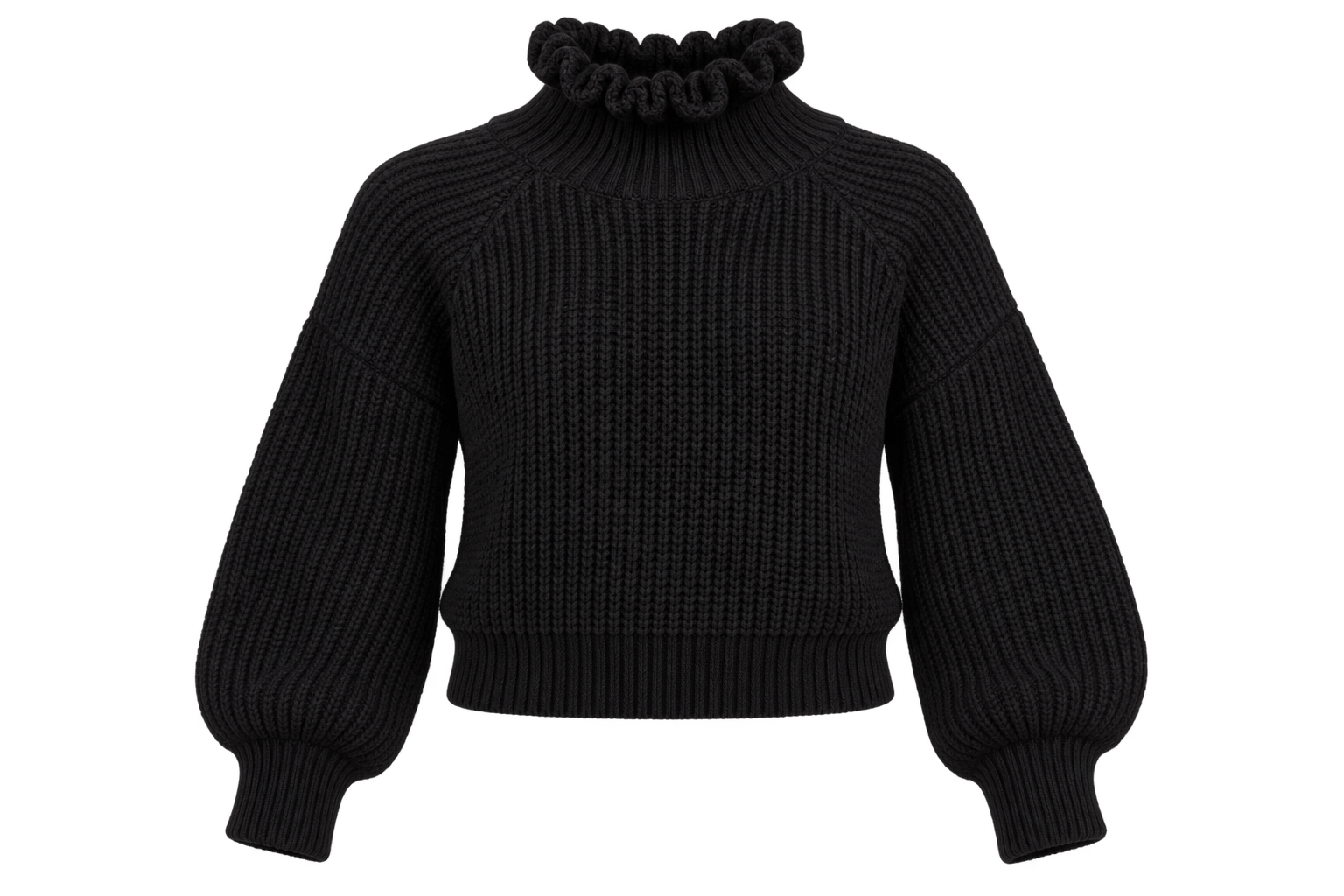 ReServed LABELS Girls Black Ribbed Knit Ruffle Neck Jumper in UK Size 9-10 Years. Stylish balloon sleeves and cosy knit design for everyday wear.