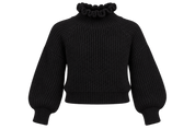 ReServed LABELS Girls Black Ribbed Knit Ruffle Neck Jumper in UK Size 9-10 Years. Stylish balloon sleeves and cosy knit design for everyday wear.