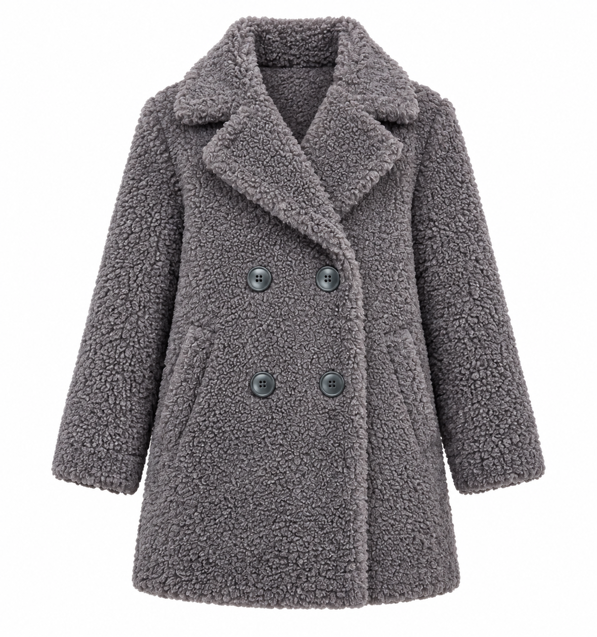 Reserved Labels girls grey teddy fleece coat in UK size 7 years. Soft, cosy and stylish with a double-breasted front, collar and pockets.