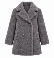 Reserved Labels girls grey teddy fleece coat in UK size 7 years. Soft, cosy and stylish with a double-breasted front, collar and pockets.