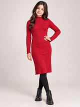 ReServed LABELS Girl Light Red Ribbed Knit High Neck Midi Dress