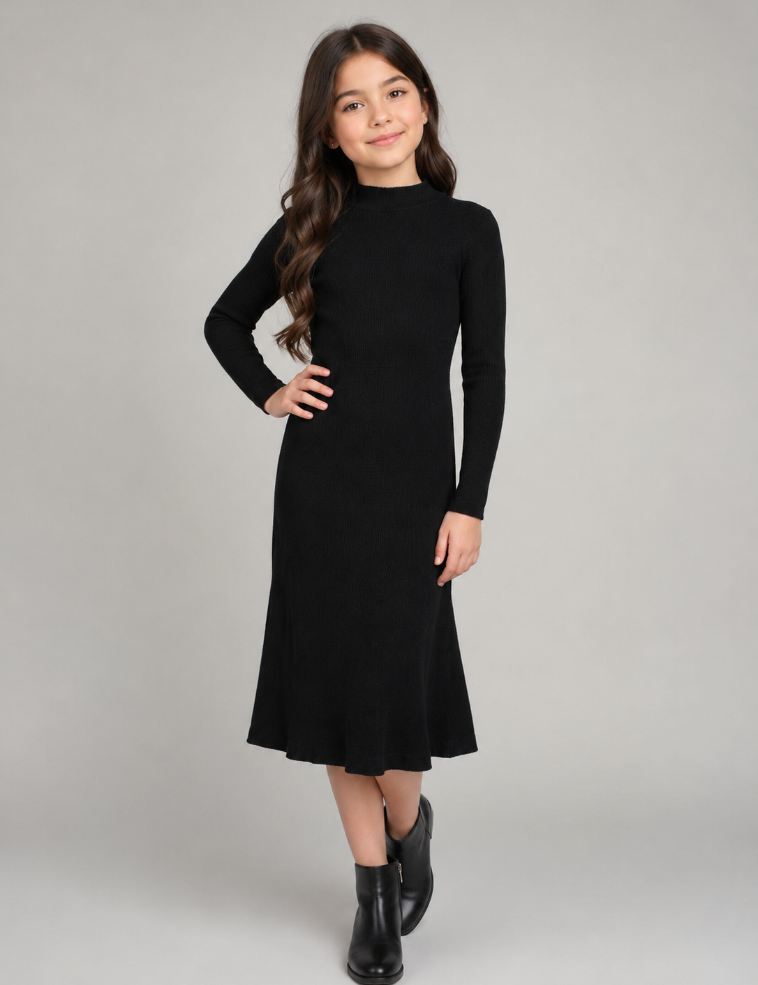  ReServed LABELS girls' black ribbed knit dress in UK size 12–14 years. Stylish mock neck, long sleeves and flattering A-line fit, perfect for autumn and winter.