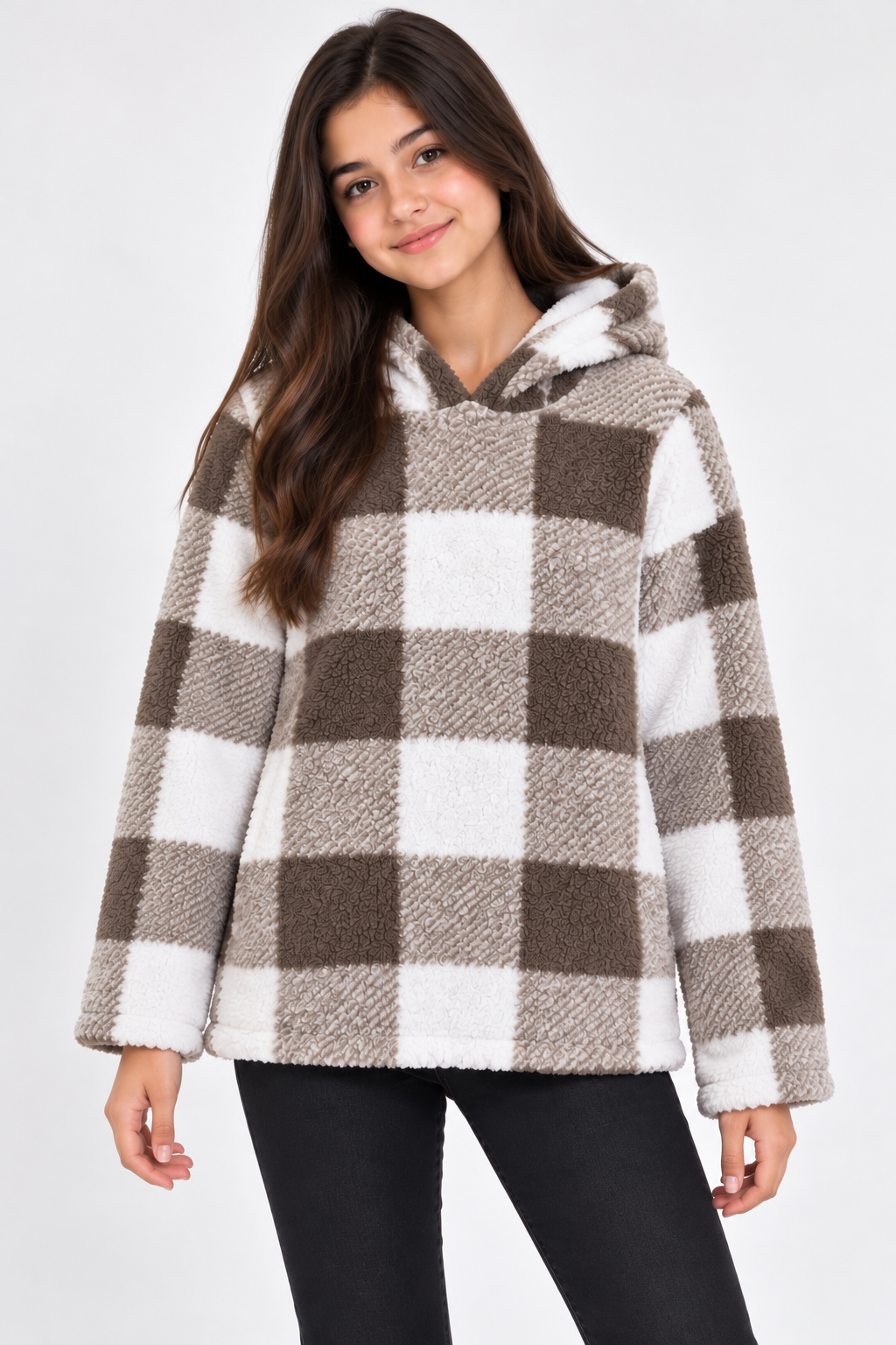 RESERVED LABELS girls' brown and cream checkered fleece hoodie, UK size 14–16 years. Soft, cozy and stylish winter wear for teens.
