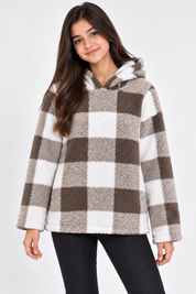 RESERVED LABELS girls' brown and cream checkered fleece hoodie, UK size 14–16 years. Soft, cozy and stylish winter wear for teens.
