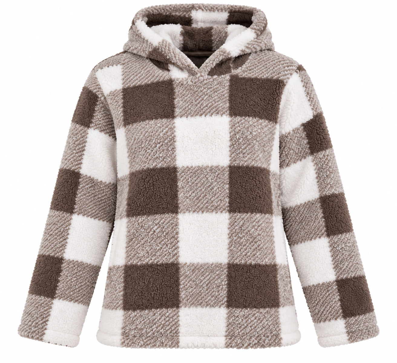 RESERVED LABELS girls' brown and cream checkered fleece hoodie, UK size 14–16 years. Soft, cozy and stylish winter wear for teens.