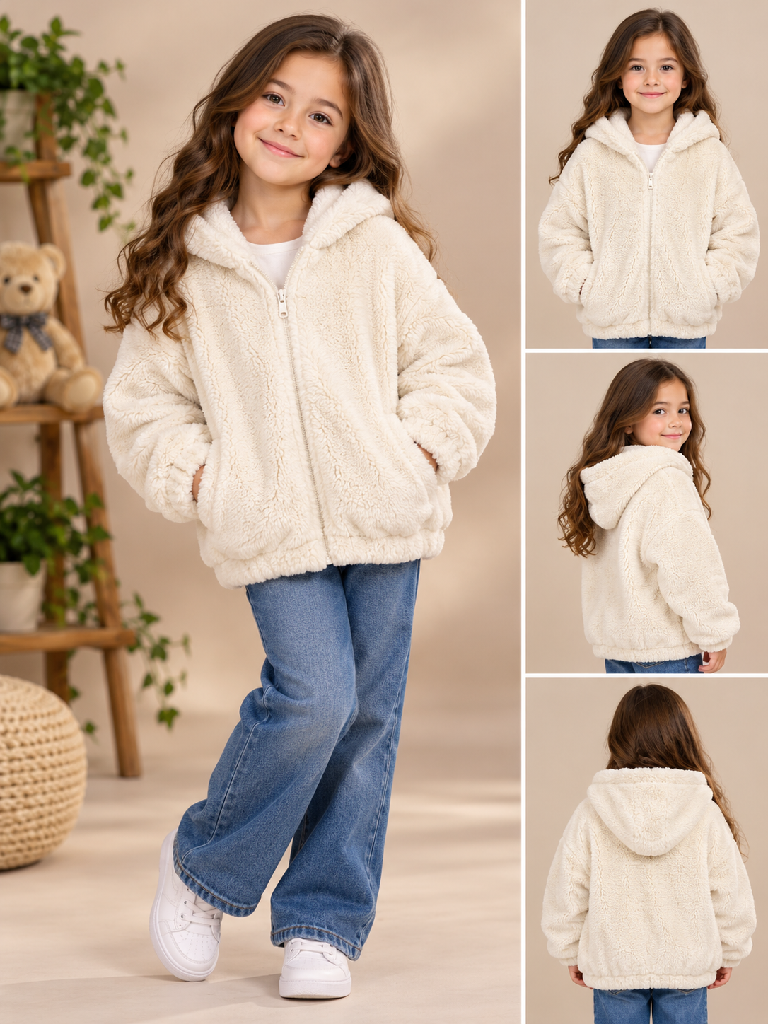  ReServed Labels Girls Cream Teddy Fleece Hooded Jacket, UK Size 7–9 Years. Soft, cozy and stylish zip-up winter outerwear for everyday comfort.