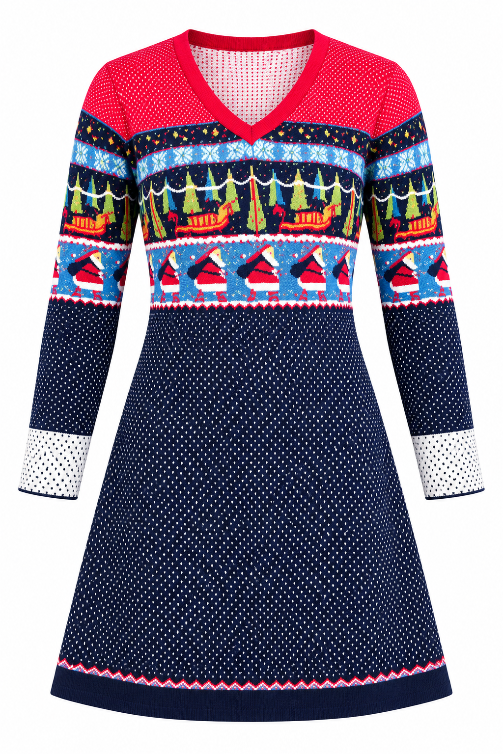 RESERVED LABELS festive knitted Christmas dress in UK Size S. Navy and red V-neck design with long sleeves and colourful winter patterns.