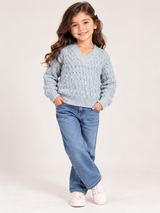 ReServed Labels Girls Light Grey Cable Knit V-Neck Jumper