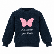  ReServed Labels Girls Navy Blue Fuzzy Butterfly Jumper in UK Size 6–7 Years. Cute pink butterfly design, cosy texture and stylish winter comfort.