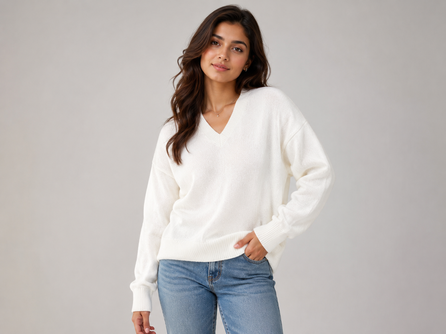   ReServed LABELS ivory white V-neck knitted jumper for women in UK XL. Stylish long-sleeve design with ribbed trims, perfect for casual and smart-casual outfits.