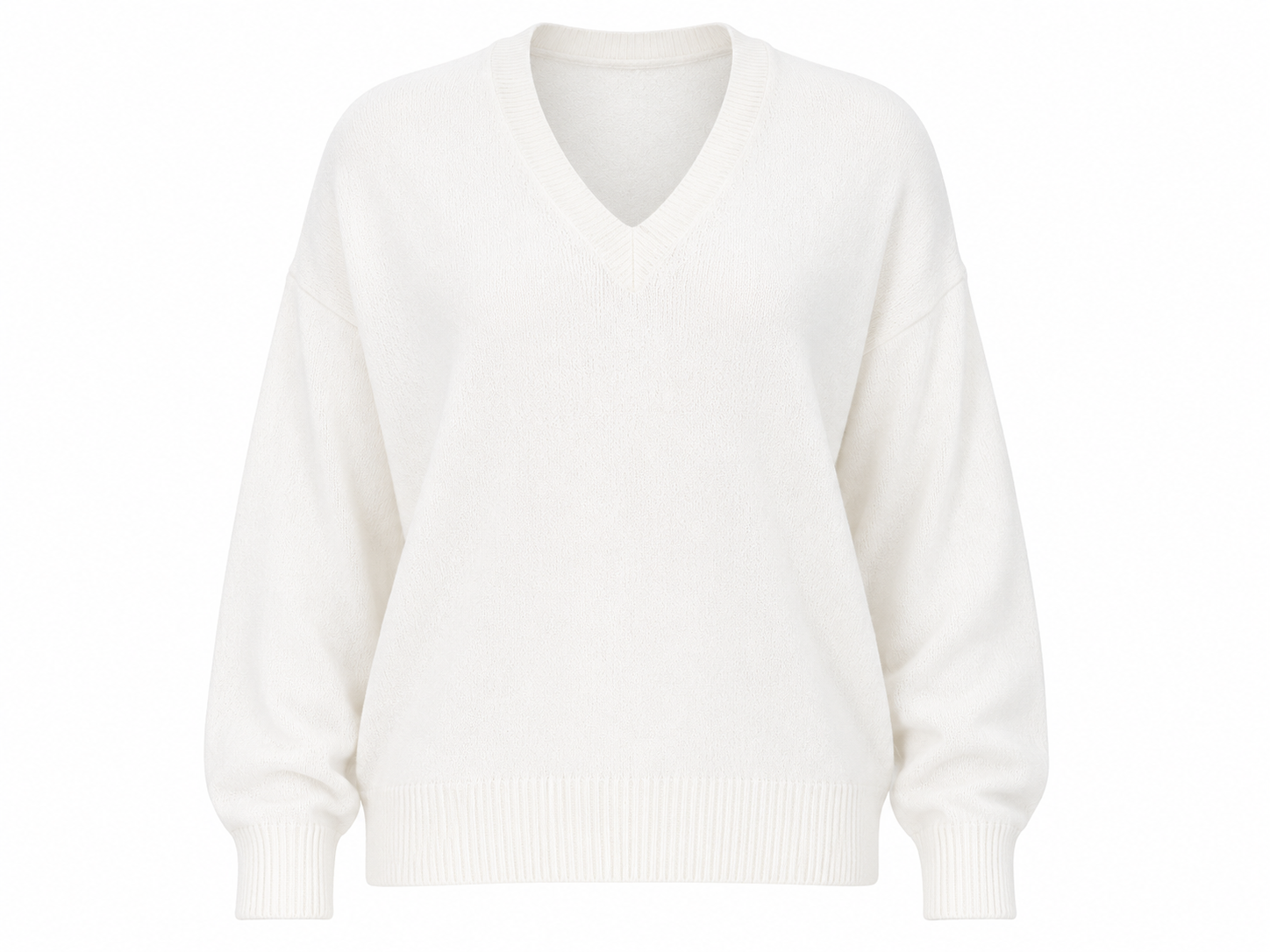   ReServed LABELS ivory white V-neck knitted jumper for women in UK XL. Stylish long-sleeve design with ribbed trims, perfect for casual and smart-casual outfits.