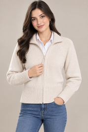 ReServed LABELS ladies cream knit zip cardigan in UK Size S, featuring a ribbed collar, cuffs and hem with a stylish textured finish. 4/5 rating.