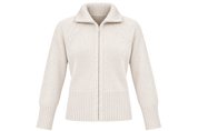 ReServed LABELS ladies cream knit zip cardigan in UK Size S, featuring a ribbed collar, cuffs and hem with a stylish textured finish. 4/5 rating.