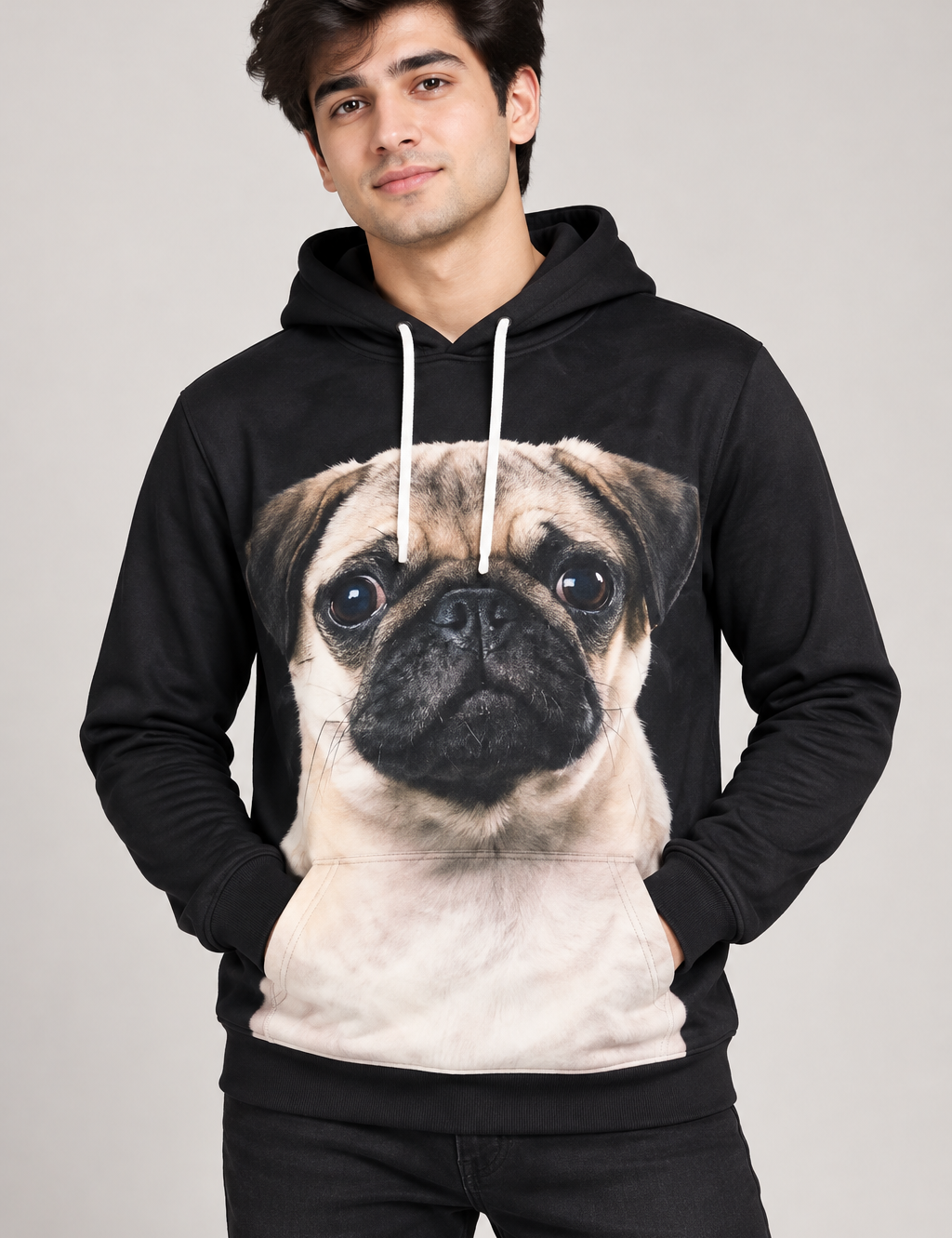 Reserved Labels Men’s Black Pug Print Hoodie in UK Size L. Stylish dog graphic pullover with hood, long sleeves and kangaroo pocket.