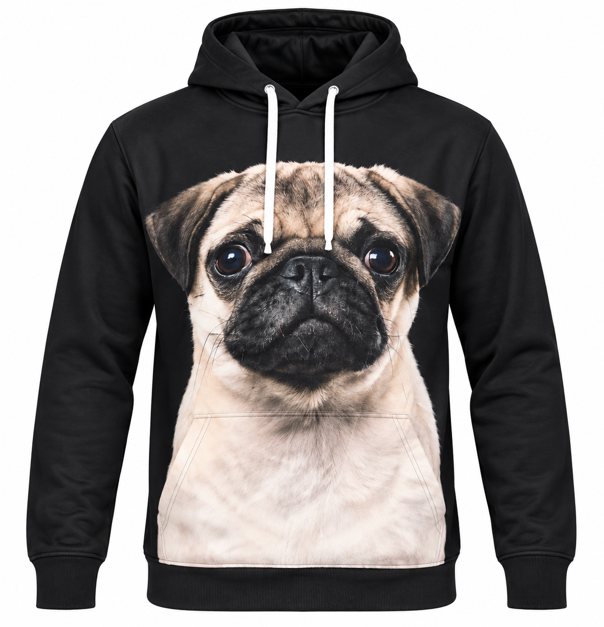 Reserved Labels Men’s Black Pug Print Hoodie in UK Size L. Stylish dog graphic pullover with hood, long sleeves and kangaroo pocket.