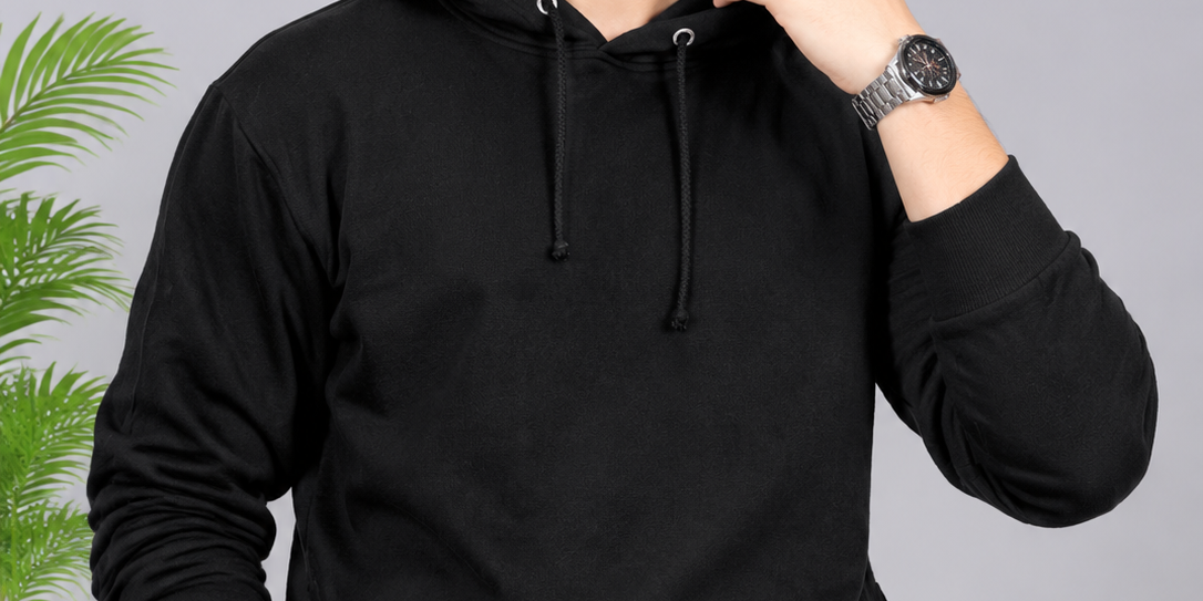 ReServed LABELS Men's Black Pullover Hoodie in UK XL. Chest 23", length 27". Stylish casual hooded sweatshirt with drawstrings and front pocket.