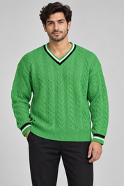   ReServed LABELS men’s green cable knit V-neck sweater in UK XXL, featuring black and white striped trims and long sleeves.