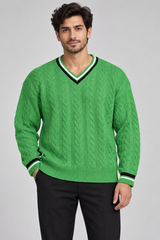 ReServed LABELS Men Green Cable Knit V-Neck Sweater