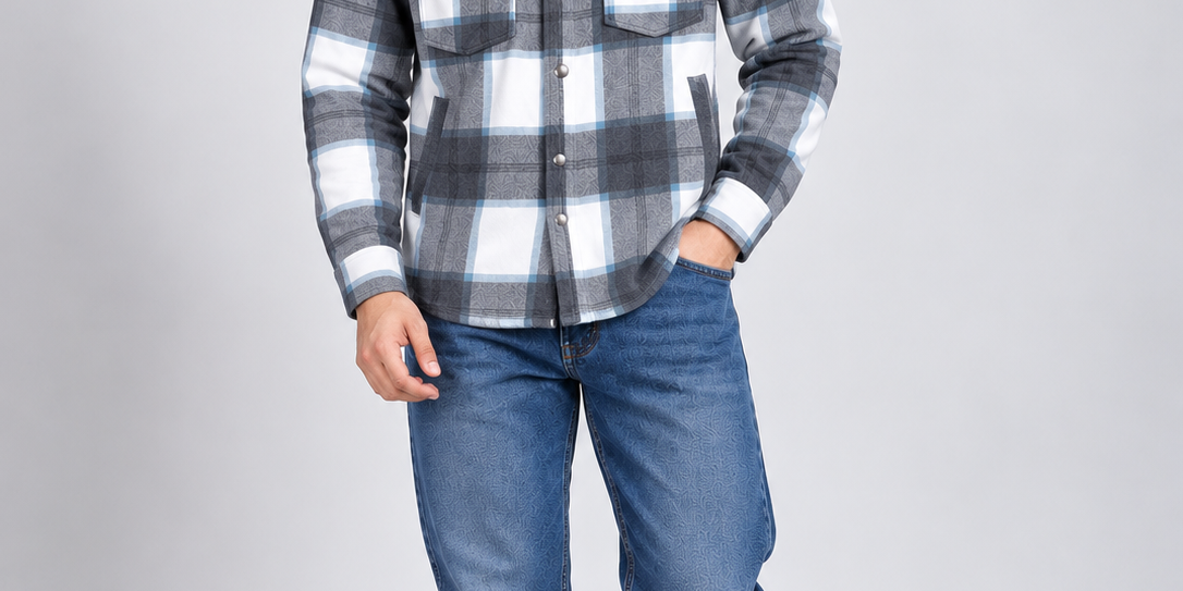 ReServed LABELS Men's Grey & White Checked Shacket in UK M. Features 4 pockets, long sleeves and snap buttons. Chest 23", length 26". Shop now!