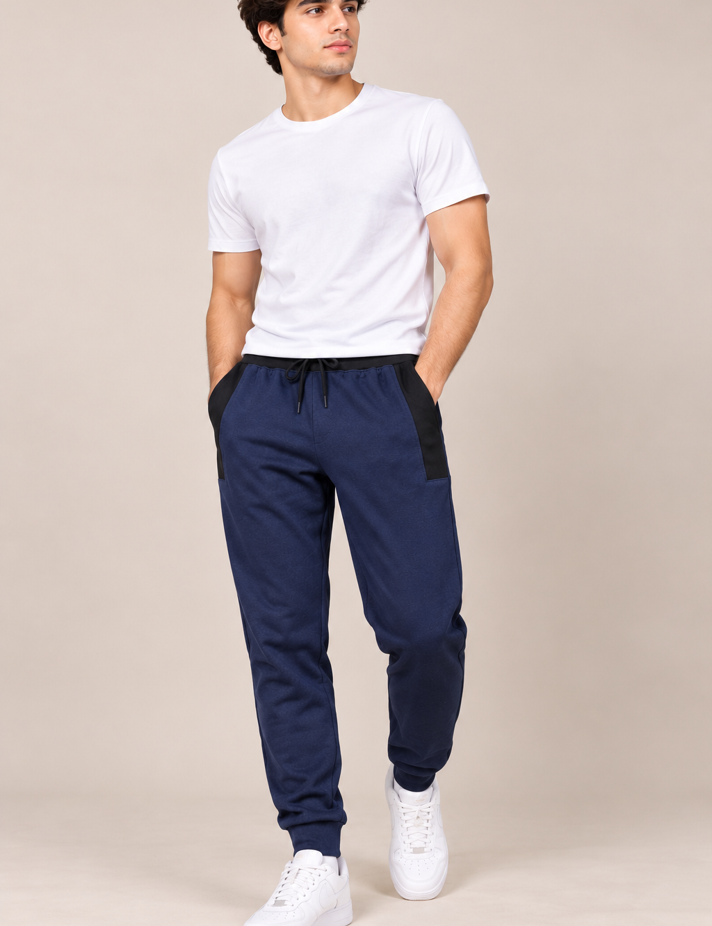  ReServed LABELS Men’s Navy Blue Jogger Pants in UK Size M. Comfortable tapered joggers with black contrast panels, drawstring waist and ribbed cuffs.