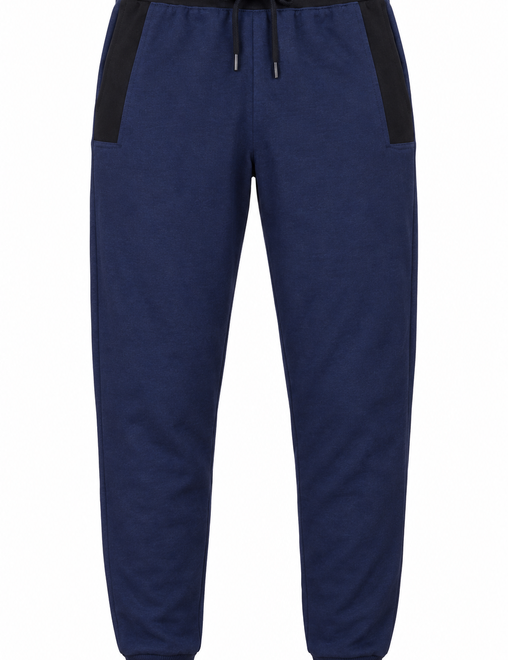  ReServed LABELS Men’s Navy Blue Jogger Pants in UK Size M. Comfortable tapered joggers with black contrast panels, drawstring waist and ribbed cuffs.