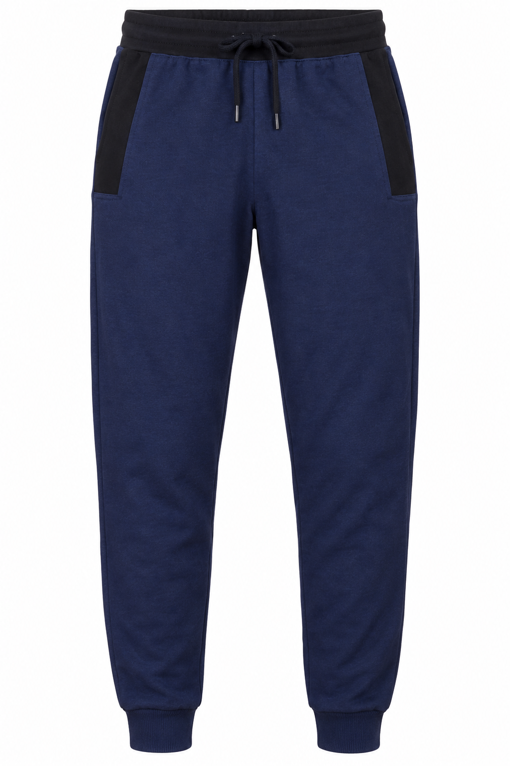  ReServed LABELS Men’s Navy Blue Jogger Pants in UK Size M. Comfortable tapered joggers with black contrast panels, drawstring waist and ribbed cuffs.