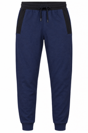  ReServed LABELS Men’s Navy Blue Jogger Pants in UK Size M. Comfortable tapered joggers with black contrast panels, drawstring waist and ribbed cuffs.