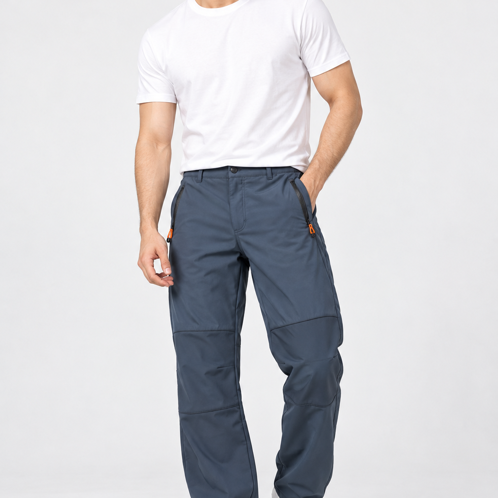  ReServed LABELS men’s navy utility trousers in UK 38 waist. Straight-leg design with zipped pockets, orange accents and panelled knees.