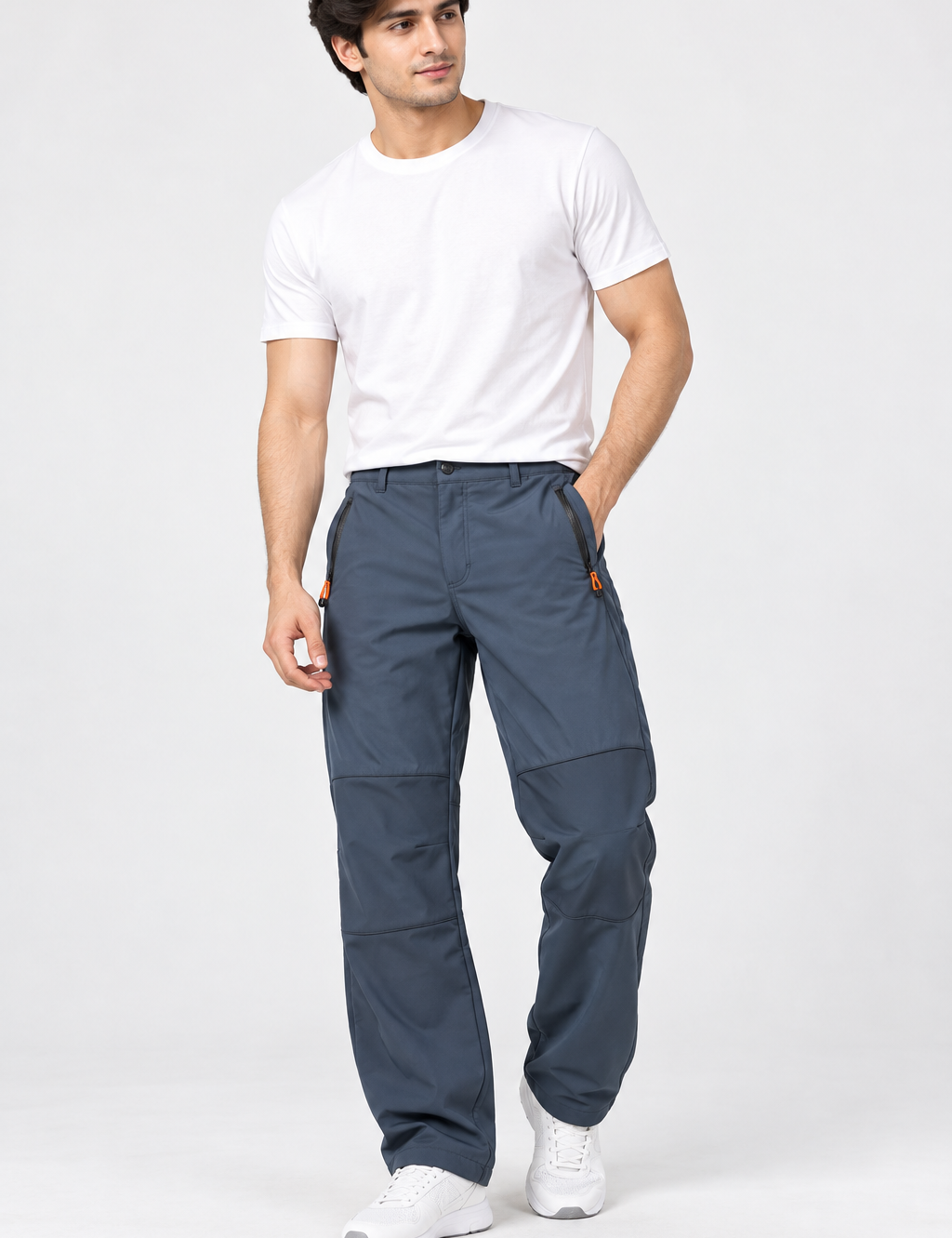  ReServed LABELS men’s navy utility trousers in UK 38 waist. Straight-leg design with zipped pockets, orange accents and panelled knees.