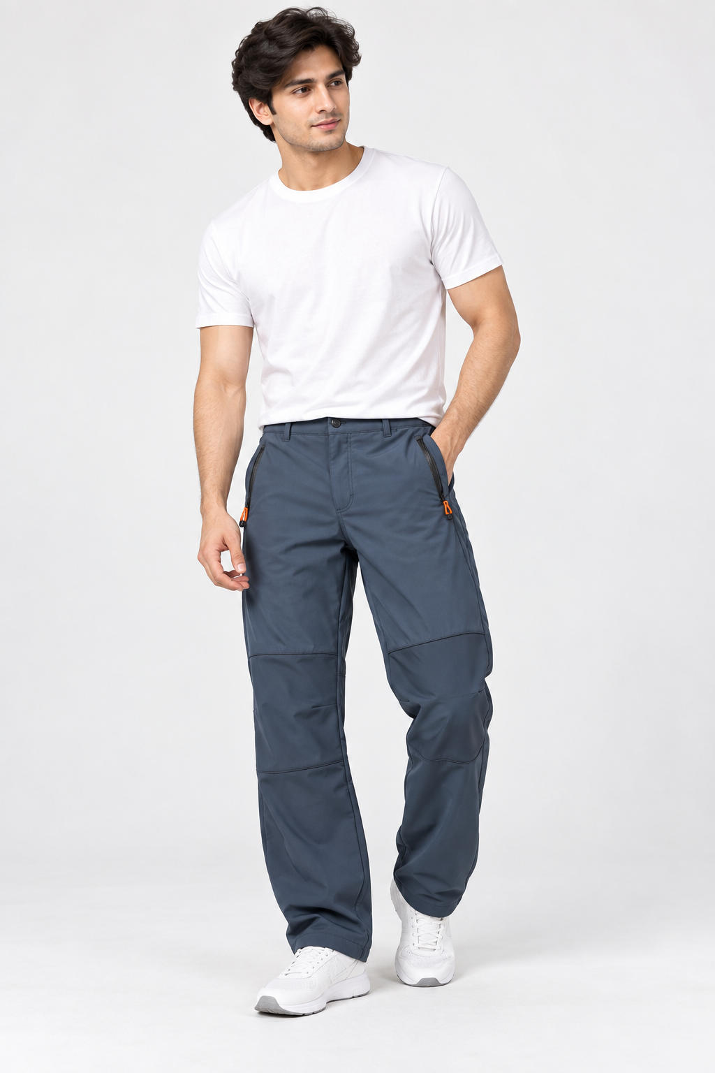  ReServed LABELS men’s navy utility trousers in UK 38 waist. Straight-leg design with zipped pockets, orange accents and panelled knees.