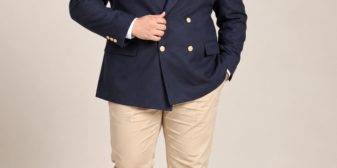  ReServed Labels Men's Navy Blue Double-Breasted Blazer in UK 4XL. Stylish gold buttons, classic formal design and smart plus-size fashion.