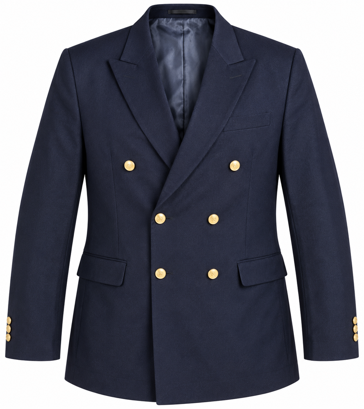  ReServed Labels Men's Navy Blue Double-Breasted Blazer in UK 4XL. Stylish gold buttons, classic formal design and smart plus-size fashion.