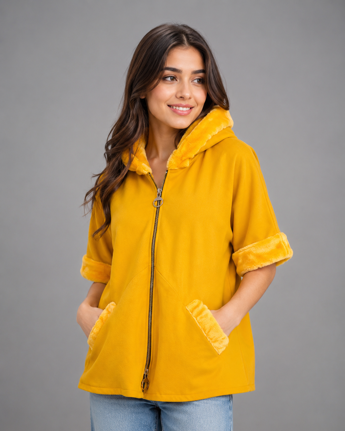 ReServed LABELS mustard yellow hooded zip jacket in UK size 2XL, featuring soft faux-fur detailing, front pockets and a stylish casual design.